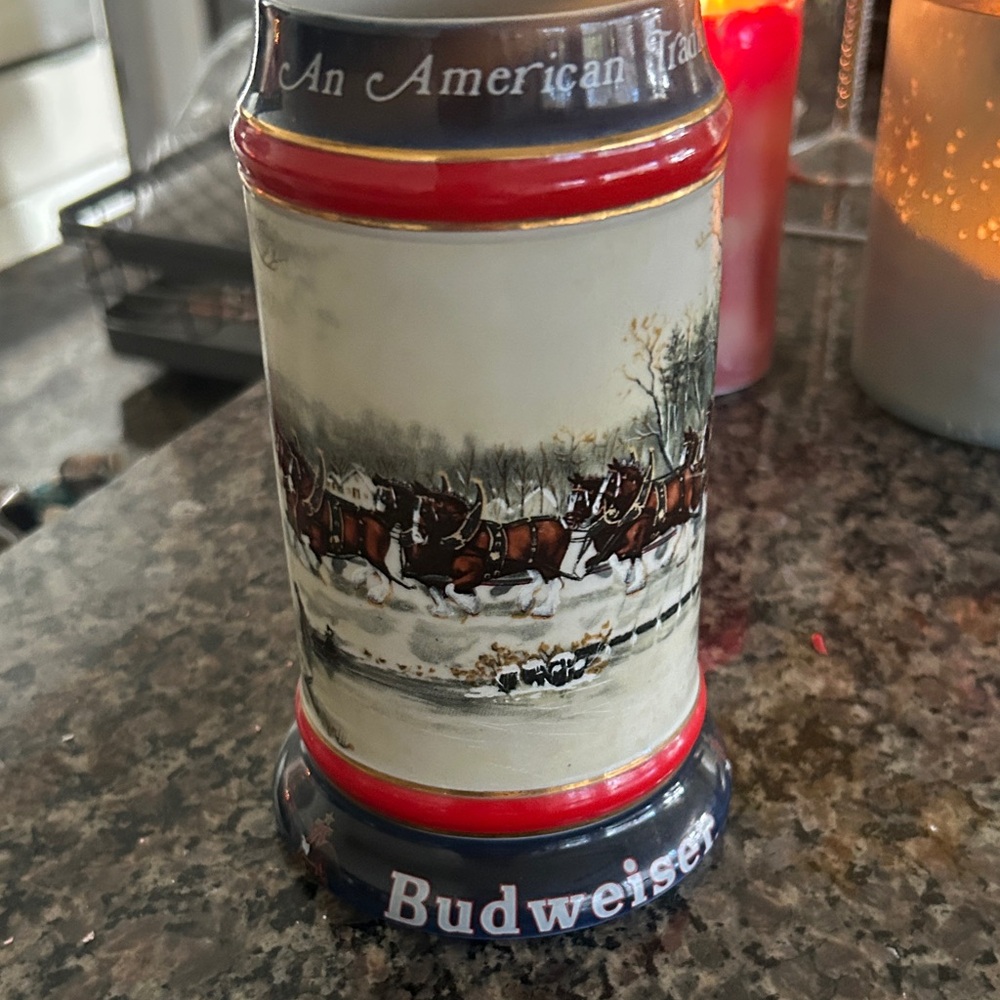 Budweiser Winter Scene Stein with Red and Blue Accents
